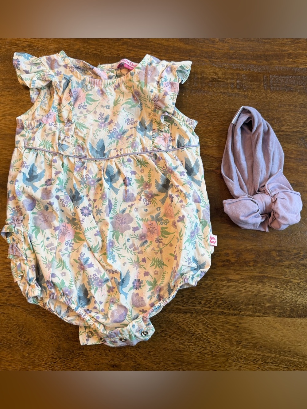 Ruffle Butts Pastel Floral Bubble Romper with Lilac Headband